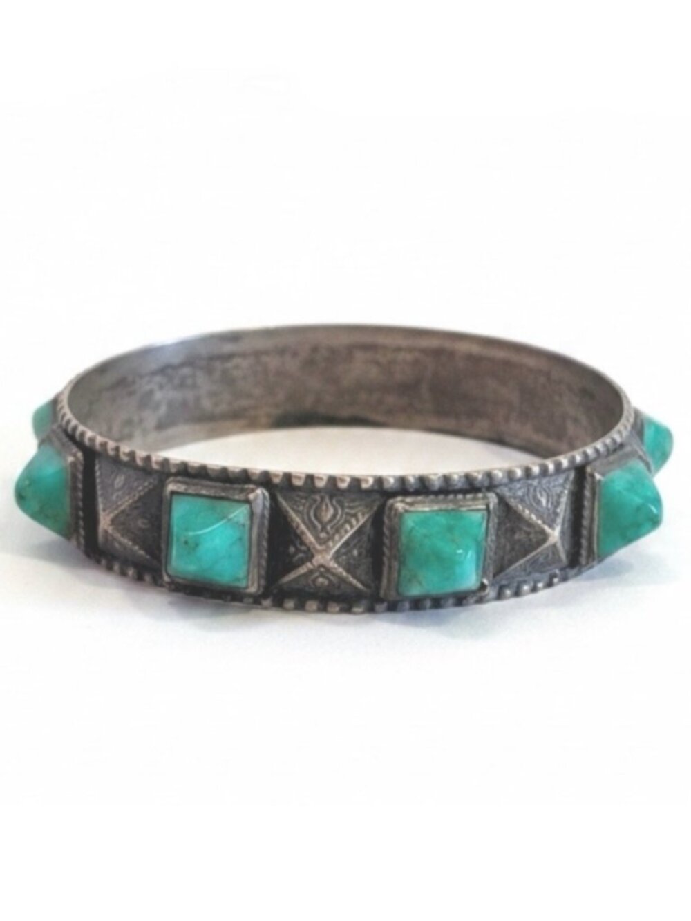 Silver Bangle Bracelet Green Stones Faceted Statement Artisan Vintage Tested